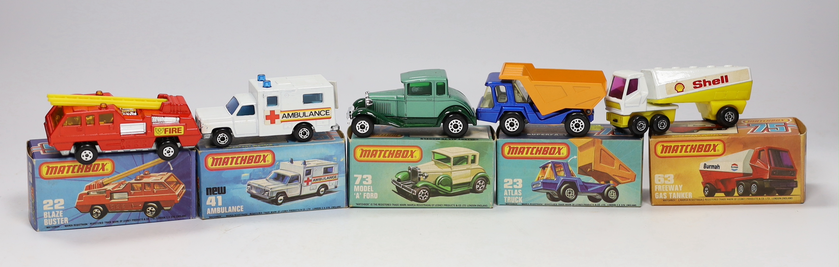 Thirteen boxed Matchbox Superfast 1-75 series diecast vehicles